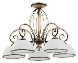 Mosiężny patynowany żyrandol z białymi kopułowymi szklanymi kloszami Lemir O2495 W5 PAT Indra 5xE27 64cm