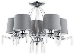 Szeroki chromowany żyrandol z kryształkami i szarymi abażurami Lemir O2485 W5 CH Agila 5xE27 62cm
