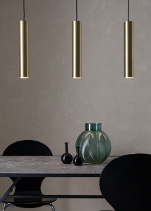 Lampa wisząca na listwie do jadalni 3 złote metalowe tubki punktowe światło MarkSlojd 107883 Ruben 3xGU10 85cm