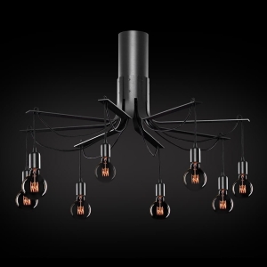 Czarna szeroka lampa sufitowa z wiszącymi na kablach żarówkami Ramko 67929 Bornholm 8xE27 100cm