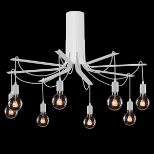 Biała szeroka lampa sufitowa z wiszącymi na kablach żarówkami Ramko 67983 Bornholm 8xE27 100cm