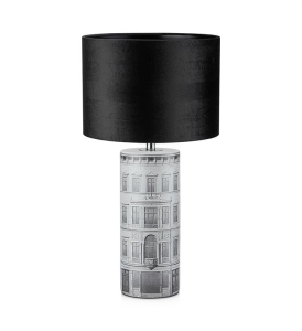 Lampa nocna z grafiką architektury miejskiej czarny abażur w kształcie walca MarkSlojd 108103 Ichi 64cm