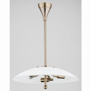 Nowoczesna złota lampa sufitowa z okrągłym białym płaskim kloszem ze szkła Mena Alfa 62067 3xE14 60cm x 47cm
