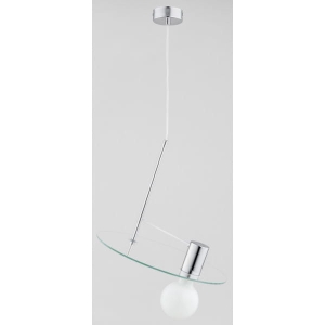 Nowoczesna lampa na jedną żarówkę wisząca na skos szklany przezroczysty talerz i srebrna oprawka Ch01 Alfa 60740 E27 75cm x 35cm
