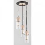Lampa wisząca nad stół z łączonych materiałów czarna z jasnym drewnem podłużne szklane transparentne klosze Tantum Alfa 60175 3xE27 100cm x 38cm