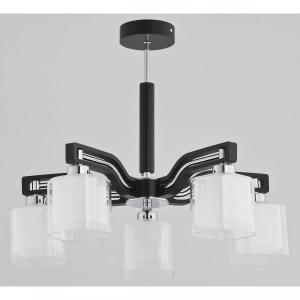 Lampa wisząca z drewna wenge łączona z chromowanym stelażem sześcienne klosze z podwójnego szkła Consul Alfa 21365 5xE14 43cm x 51cm