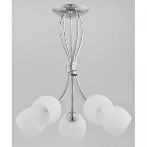 Smukła chromowana lampa wisząca z mlecznymi szklanymi kloszami Buena Alfa 20195 5xE14 43cm x 45cm