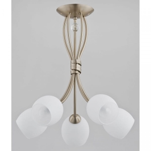 Smukła złota lampa wisząca z mlecznymi szklanymi kloszami Buena Alfa 20175 5xE27 43cm x 45cm