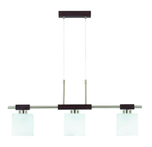 Lampa wisząca z łączonych materiałów drewno wenge i metal szklane białe sześcienne klosze Rossi Alfa 11403 3xE27 68cm x 76cm