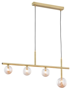 Mosiężna lampa wisząca z bursztynowymi kloszami na listwie Jupiter 1899 Nt 4 Ms Neptun 4xG9 86cm
