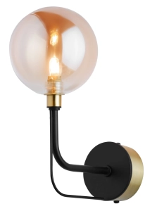 Czarny kinkiet z mosiężnym dodatkiem i bursztynowym kloszem kulą Jupiter 1887 Eris Ei K Cz/Ms G9