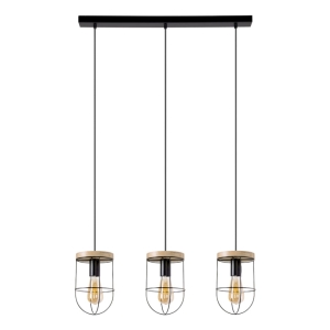  Lampa wisząca loftowa trzy abażury druciane czarne z drewnianym elementem na listwie  Britop 184159304 Netuno 3xE27