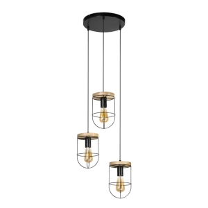 Lampa wisząca loftowa trzy abażury druciane czarne z drewnianym elementem Britop 184159304R Netuno 3xE27