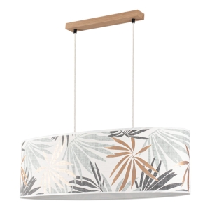 Lampa wisząca owalna podłużna abażur z motywem liści z tkaniny nad stół listwa drewniana Britop 17470274 Hoja 2xE27