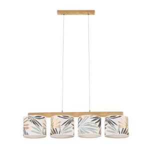Lampa wisząca cztery abażury na drewnianej listwie białe w tropikalne liście ze złotem Britop 524710404 Hoja 4xE27 86cm