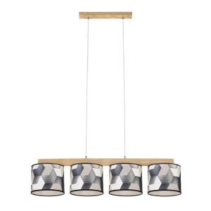 Lampa wisząca cztery okrągłe abażury w geometryczne wzory drewniana dębowa listwa Britop 524810404 Espacio 4xE27 86cm