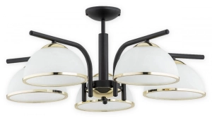 Czarny szeroki żyrandol i białe klosze z złotą ramką Lemir O2925 W5 CZA + ZL Lava 5xE27 62cm