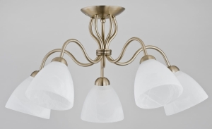 Klasyczna lampa sufitowa plafon patyna i białe szklane otwarte klosze z delikatnymi smugami Ariel Alfa 22615 5xE27 30cm x 52cm