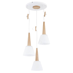 Potrójna skandynawska lampa wisząca nad stół biała z drewnianymi elementami mleczne szklane klosze Celebes Alfa 60167 3xE27 90cm x 37cm