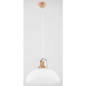 Pojedyncza lampa wisząca w stylu skandynawskim drewniana z białym szklanym kloszem i srebrną metalową nakładką z Eclat Alfa 60581 E27 90cm x 40cm