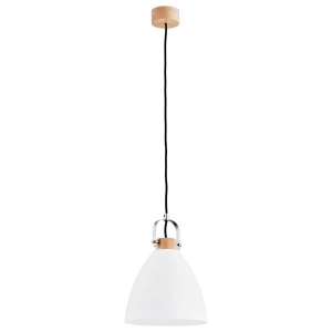 Pojedyncza lampa wisząca drewniana w stylu skandynawskim z białym szklanym kloszem i stalową rączką Hermina Alfa 60365 E27 100cm x 22cm