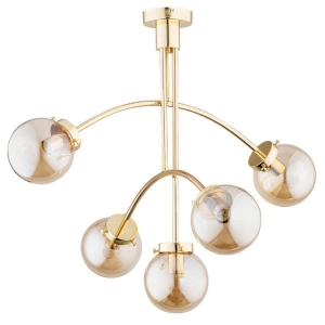Lampa sufitowa nowoczesna złota szklane klosze kule bursztyn i pochylone ramiona Lusco Alfa 27135 5xE14 61cm x 74cm