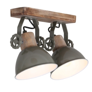 Drewniana industrialna lampa sufitowa zielone reflektory Mexlite 7969G Gearwood 2xE27 27cm