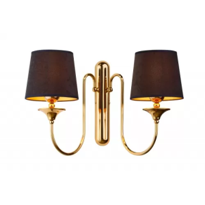 Złoty podwójny kinkiet lampa ścienna z dwoma czarnymi abażurami Jupiter BM K MS 1953 Batumi 2xE27