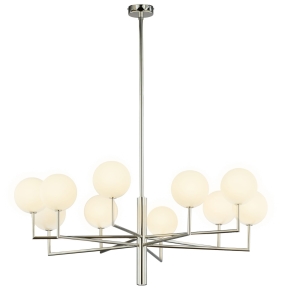 Niklowy duży szeroki żyrandol z białymi kloszami kulami Jupiter FE10 NI 1936 Feme 10xG9 100cm