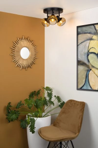 Czarna lampa sufitowa z trzema reflektorami z mosiężną siatką Lucide 45900/13/02 Lucas 3xE14 38cm