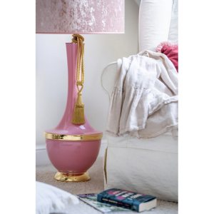 Lampa podłogowa różowa szklana podstawa z złotymi dodatkami i różowym abażurem z weluru 4Concepts L232270328 Troya E27 110cm x 50cm