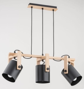 Drewniana lampa wisząca nad stół czarne metalowe klosze reflektory regulowane Trois Alfa 63056 3xE27 70cm x 62cm