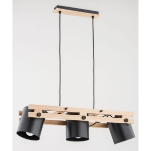 Lampa wisząca nad stół jasna drewniana listwa z metalowymi czarnymi kloszami Harom Alfa 63054 3xE27 70cm x 62cm