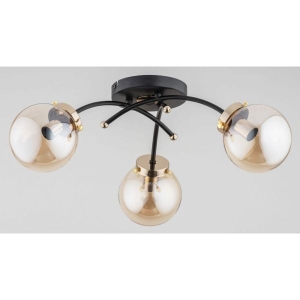 Lampa sufitowa metalowa czarno złota pochyłe ramiona i bursztynowe szklane klosze kule Natella Alfa 63050 3xE14 22cm x 52cm