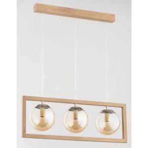 Lampa wisząca nad stół jasne drewno szklane bursztynowe klosze kule w prostokątnej ramie Sami Alfa 63055 3xE14 78cm x 64cm