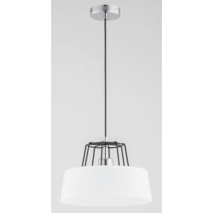 Lampa wisząca pojedyncza z białym szklanym kloszem chromowane części i metalowa ozdobna czarna kratka Karkas Alfa 60862 E27 85cm x 30cm