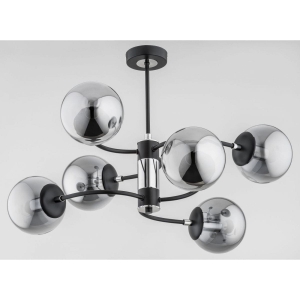 Lampa wisząca czarna z chromowanymi dodatkami faliste ramiona i szklane dymione klosze kule Dema Alfa 28406 6xE14 43cm x 62cm