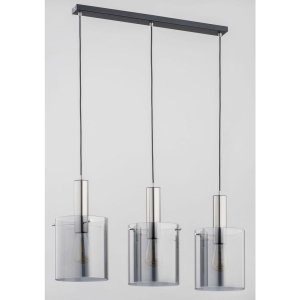 Minimalistyczna lampa wisząca nad stół czarna listwa z chromowanymi oprawkami cylindryczne dymione szklane klosze Calena Silver Alfa 62162 3xE27 90cm x 75cm