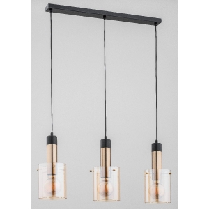 Lampa wisząca nad stół czarna listwa złote podłużne oprawki bursztynowe cylindryczne klosze Bella Gold Alfa 62168 3xE27 90cm x 73cm