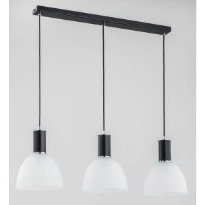 Czarna lampa wisząca nad stół potrójna na listwie z białymi szklanymi kloszami Dana Alfa 62180 3xE27 90cm x 75cm