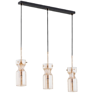 Lampa wisząca czarna listwa nad wyspę złote elementy i bursztynowe podłużne klosze Kapris Mini Alfa 63015 3xE14 79cm x 65cm