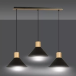 Lampa wisząca trzy abażury stożkowe na listwie z drewnem Emibig 1044/3 Czarny Rowen 3 Black 3xE27