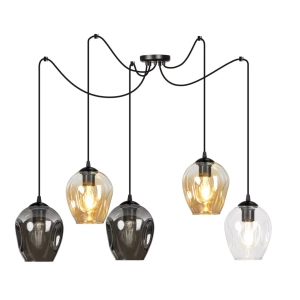 Lampa wisząca czarna typu pająk pięć szklanych kloszy w różnych kolorach na przewodach Level 5 Bl Mix Wisząca Emibig 759/5 Czarny 5xE27