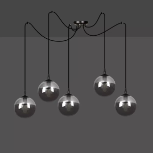 Lampa wisząca czarna typu pająk pięć szklanych kul w kolorze grafitowym na przewodach Emibig 937/5 Czarny Gigi 5 Bl Grafit 5xE14