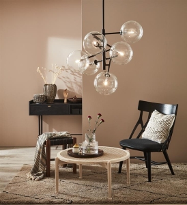 Długa lampa wisząca nad wyspę z przezroczystymi kloszami i czarnym stelażem MarkSlojd 107748 Andrew 6xG9 