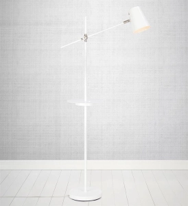 Lampa podłogowa z usb i okrągłą półką biała w stylu skandynawskim regulowane ułożenie klosza MarkSlojd 107308 Linear 144cm