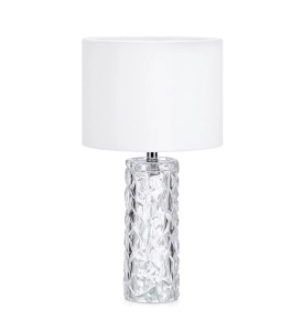 Lampa nocna stołowa przezroczysta podstawa z ozdobnego szkła i biały abażur z tkaniny MarkSlojd 107189 Madame 46cm