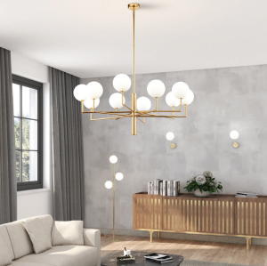 Szeroki mosiężny żyrandol lampa wisząca z białymi kloszami kulami Jupiter FE10 MS 1931 Feme 10xG9 100cm