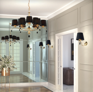 Szeroki klasyczny złoty żyrandol z czarnymi kryształkami i abażurami Jupiter 1797 Egida 9xE27 100cm