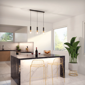 Czarna lampa wisząca z mosiężnymi dodatkami i transparentnymi kloszami na listwie Jupiter 1848 Vanes Ms 3xE27